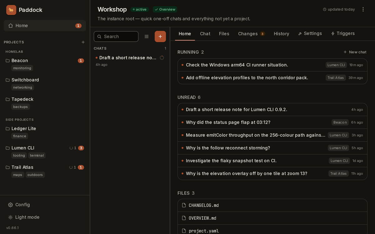 Paddock — running and unread chats across every project, a live turn, a sub-agent's nested steps, an inline diff, Claude opening its own chats, files rendered in the conversation, fork and rewind, triggers, run history, the git Changes tab, and the same instance on a phone